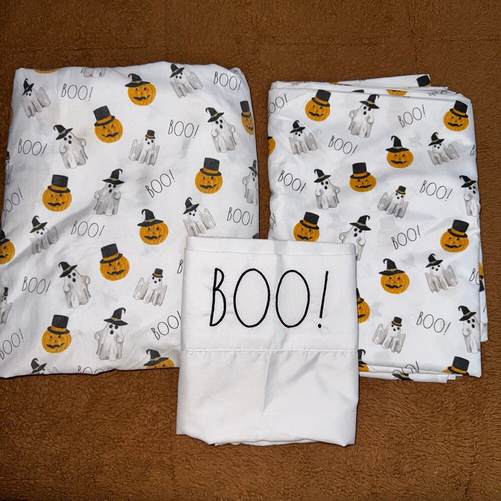 Rae Dunn Halloween Twin Sheet Set Ghost Pumpkin Fitted Flat Sheet & Pillowcase
